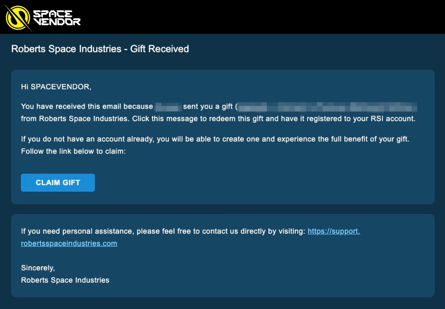 RSI gift received email showing the Claim Gift button